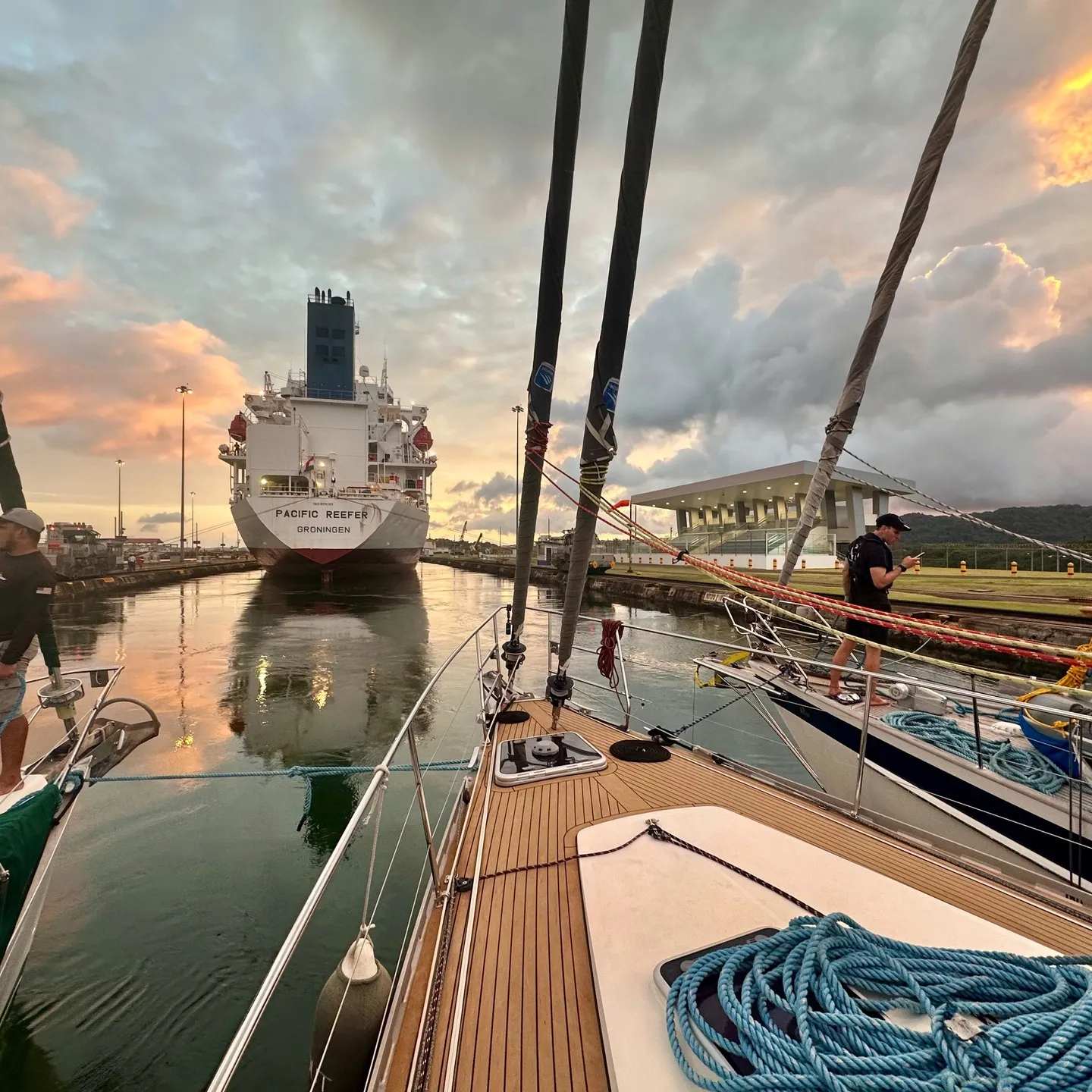 Rafted up and tucked in behind a big ship. Rafted up and tucked in behind a big ship.
