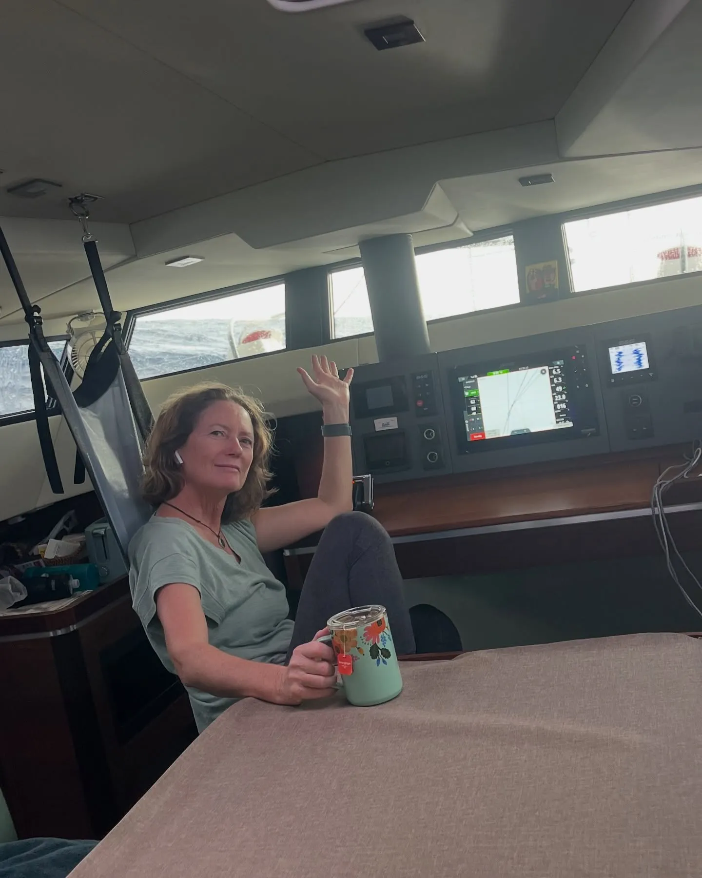 A cuppa below, while the seas build outside. A cuppa below, while the seas build outside.