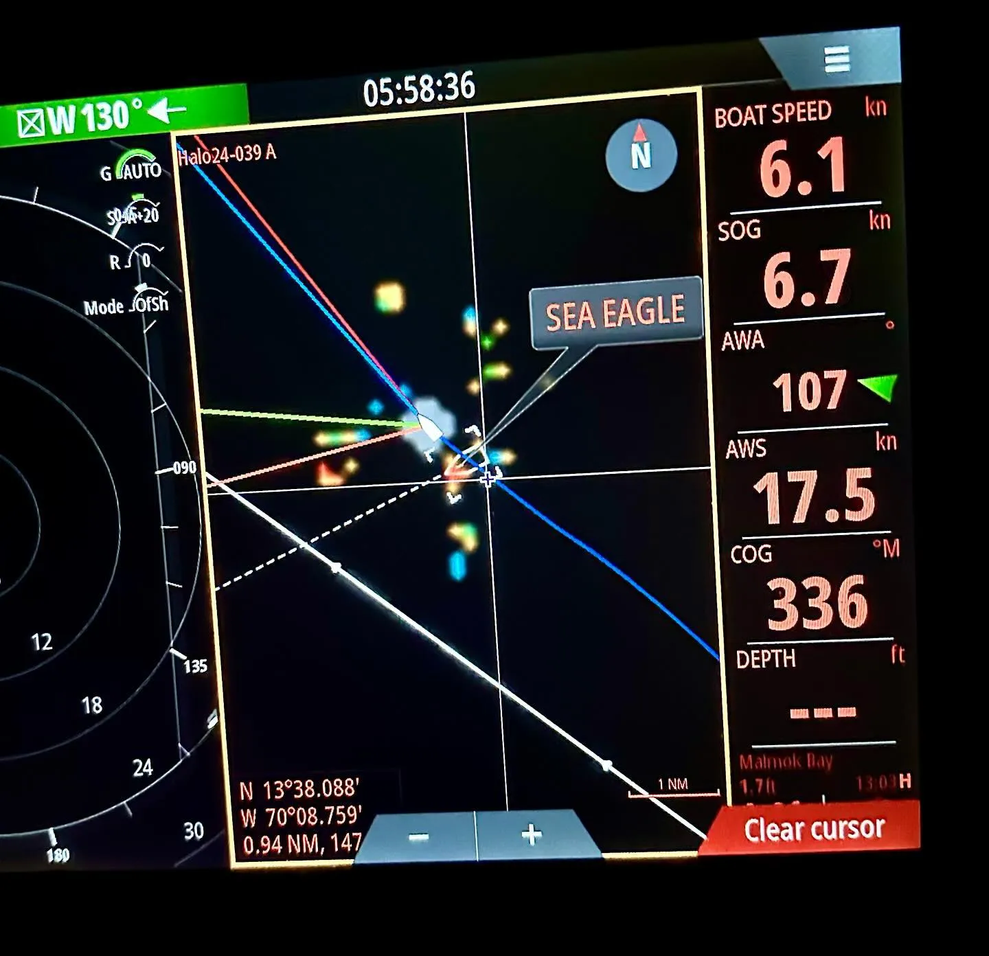 Sea Eagle passing within a mile of Scout, as seen on our chartplotter.