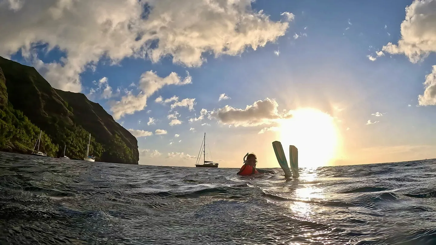 A sunset snorkel in The Bay of Virgins on Fatu Hiva. A sunset snorkel in The Bay of Virgins on Fatu Hiva.