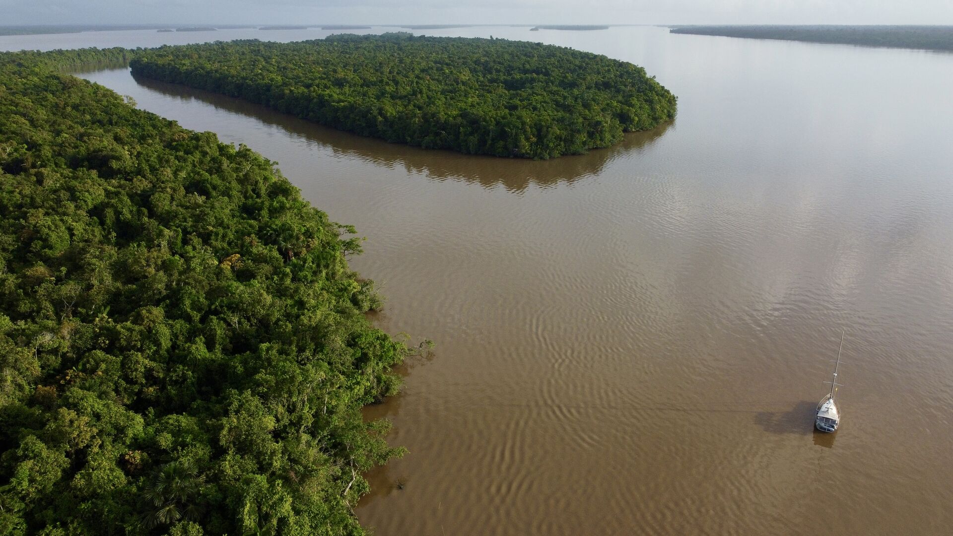 Aerial view of Scout anchored in the Essequibo next to Lau Lau Island.