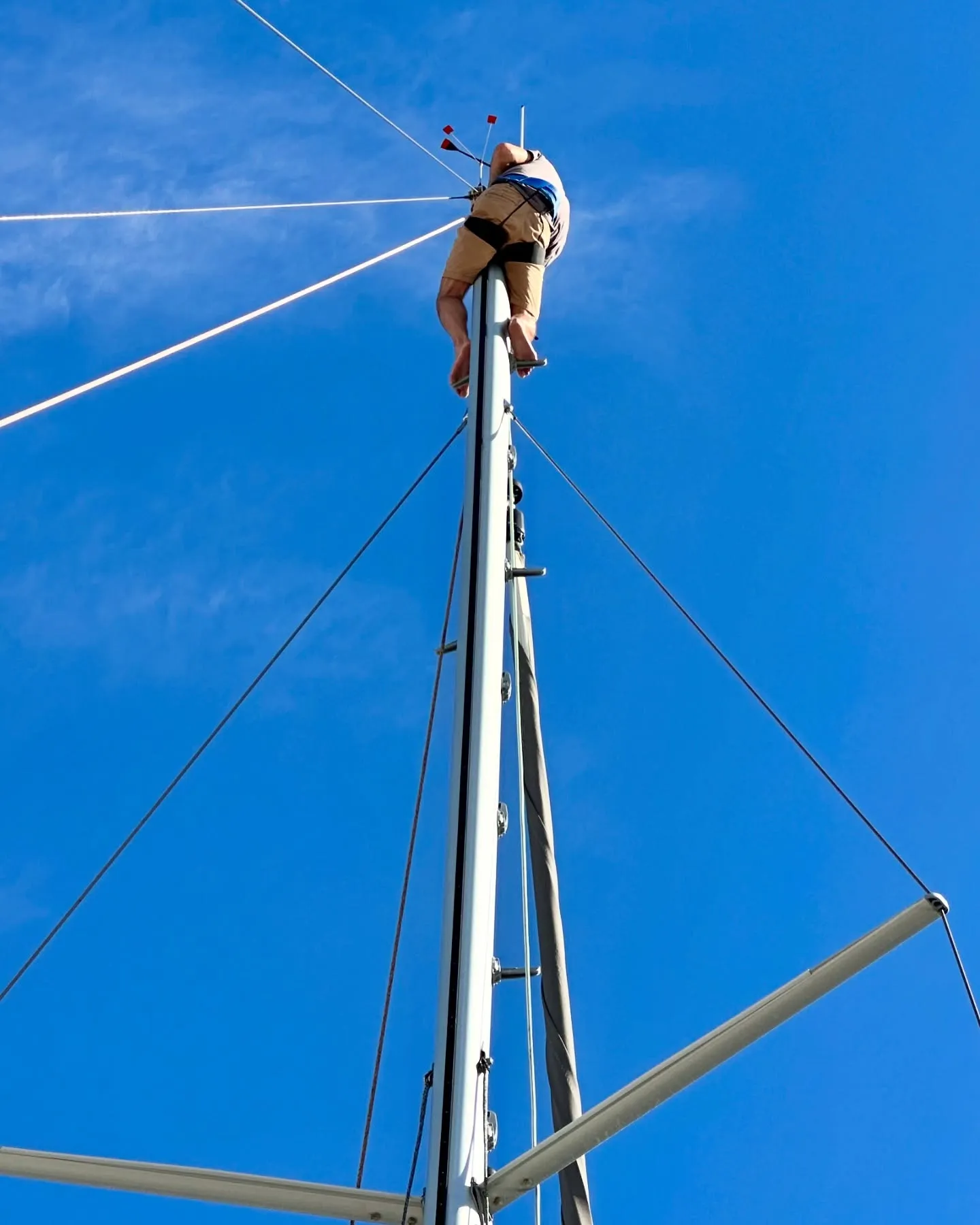 Up the mast to service the anemometer. Up the mast to service the anemometer.