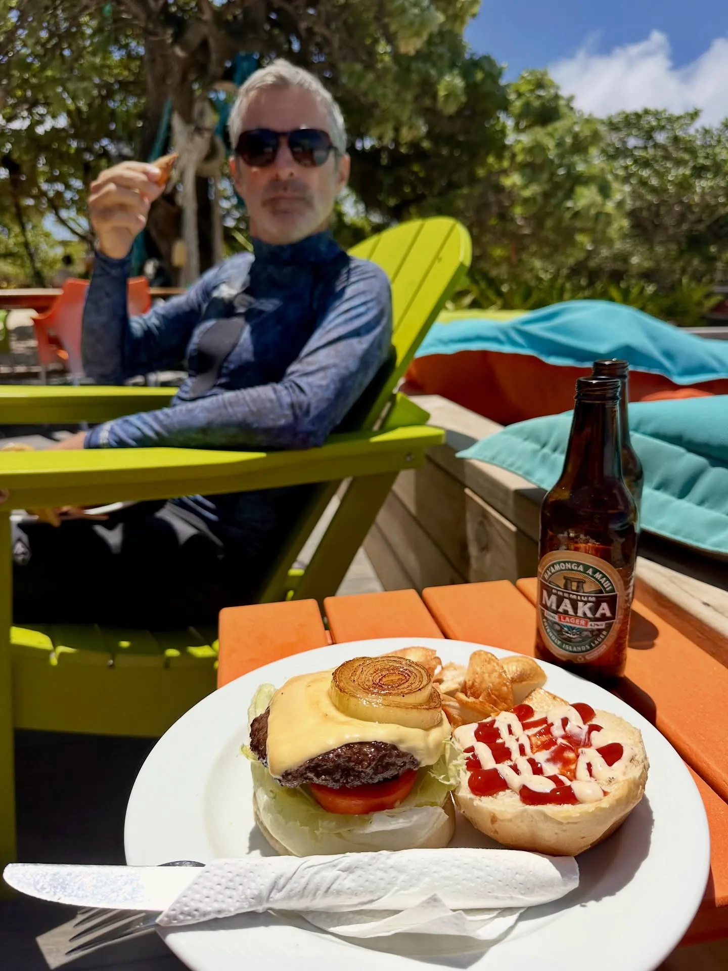 A well-earned burger at the beach bar. A well-earned burger at the beach bar.