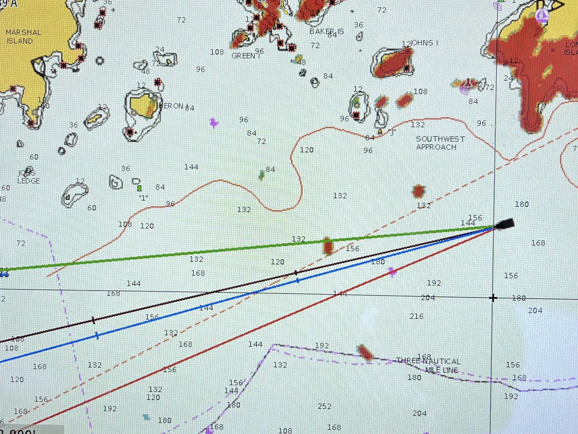 Three red blobs... lobster boats nearby!