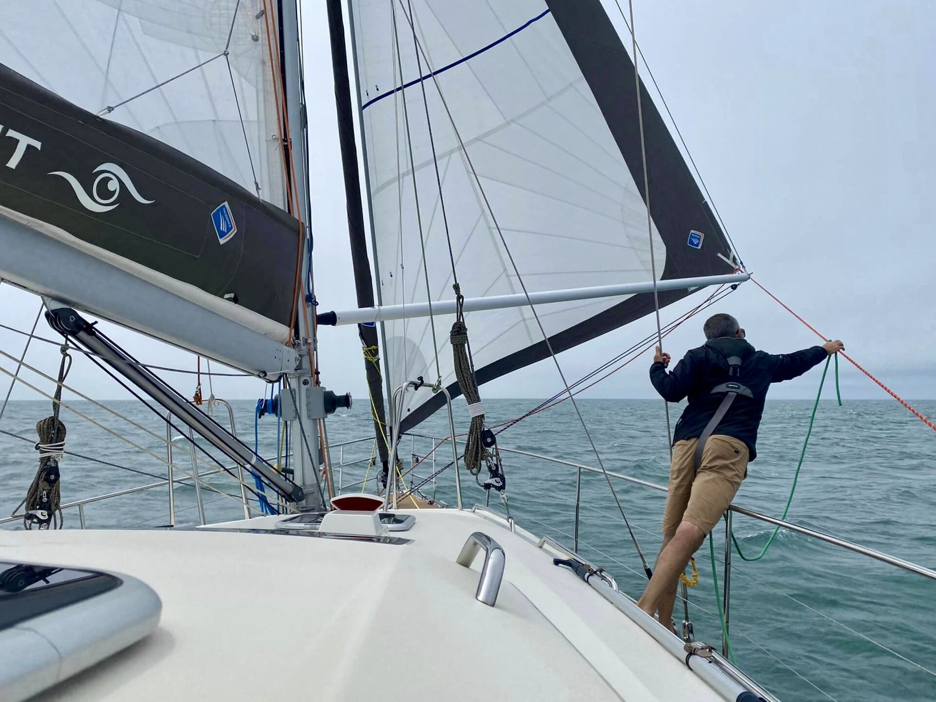 Poling out the solent sail as we raced across Muscongus Bay.